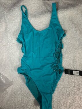Fashion Nova Teal One-Piece Swimsuit with Side Ring Accents